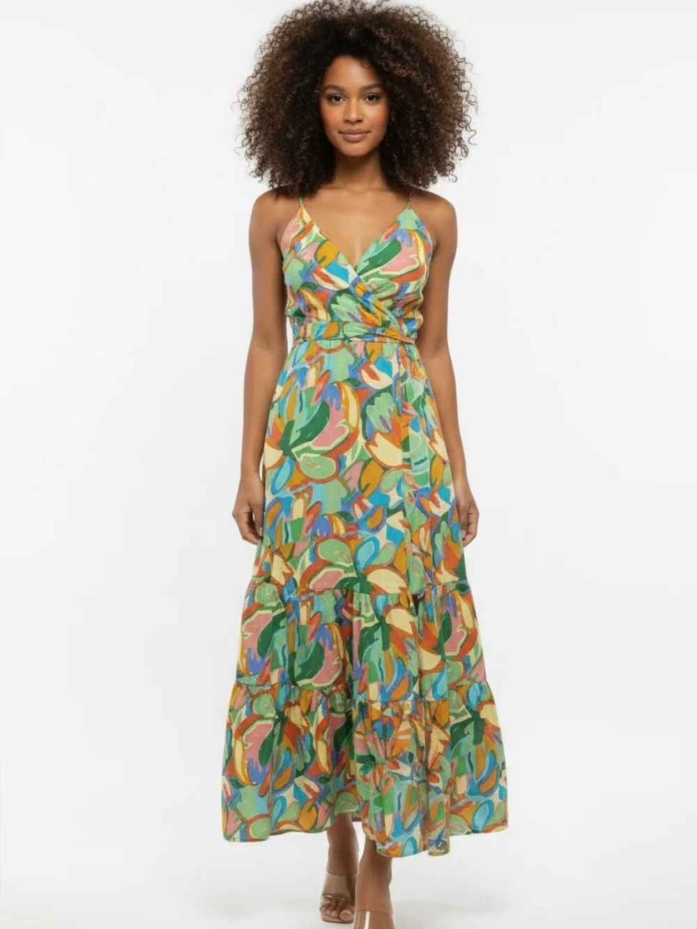 Multicoloured Retro Print Wrap Tiered Dress